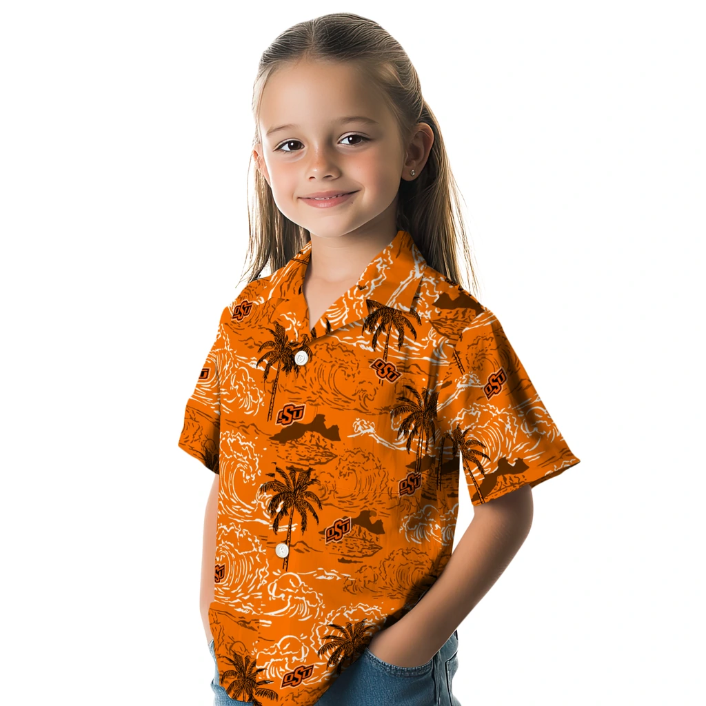 Oklahoma State Cowboys Hawaiian Shirt - Wave Palm oklahoma state cowboys wave palm orange hawaiian shirts premium grade