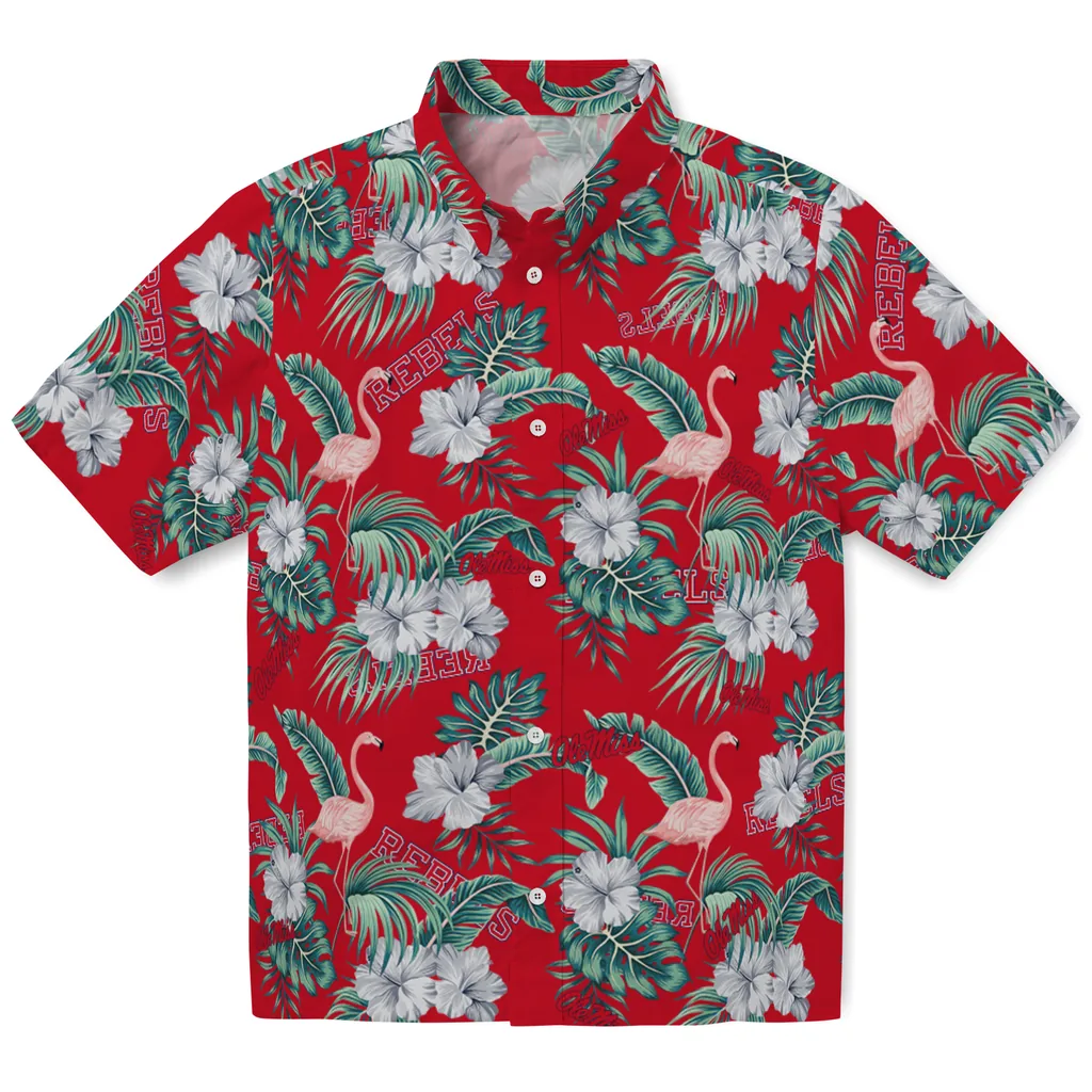 Ole Miss Rebels Hawaiian Shirt - Flamingo and Hibiscus ole miss rebels flamingo palms red hawaiian shirts best selling