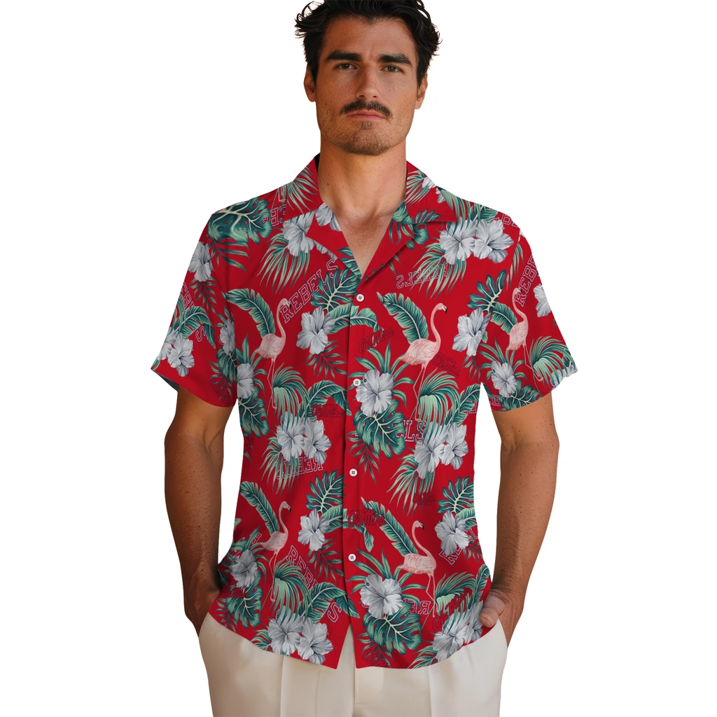 Ole Miss Rebels Hawaiian Shirt - Flamingo and Hibiscus ole miss rebels flamingo palms red hawaiian shirts fashion forward