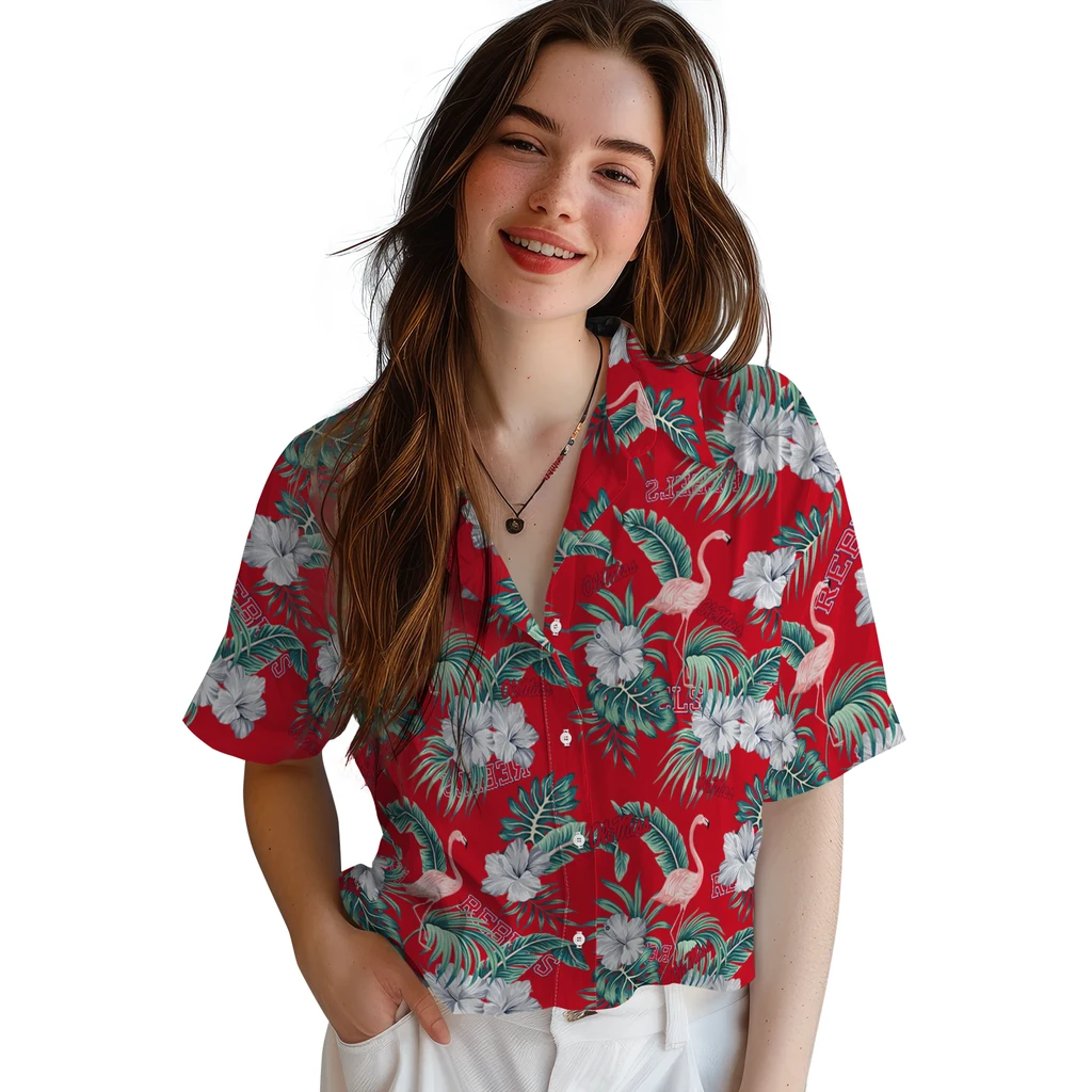 Ole Miss Rebels Hawaiian Shirt - Flamingo and Hibiscus ole miss rebels flamingo palms red hawaiian shirts latest model