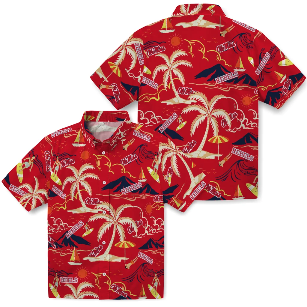 Ole Miss Rebels Hawaiian Shirt - Palm Tree Island ole miss rebels palm tree island red hawaiian shirts high quality