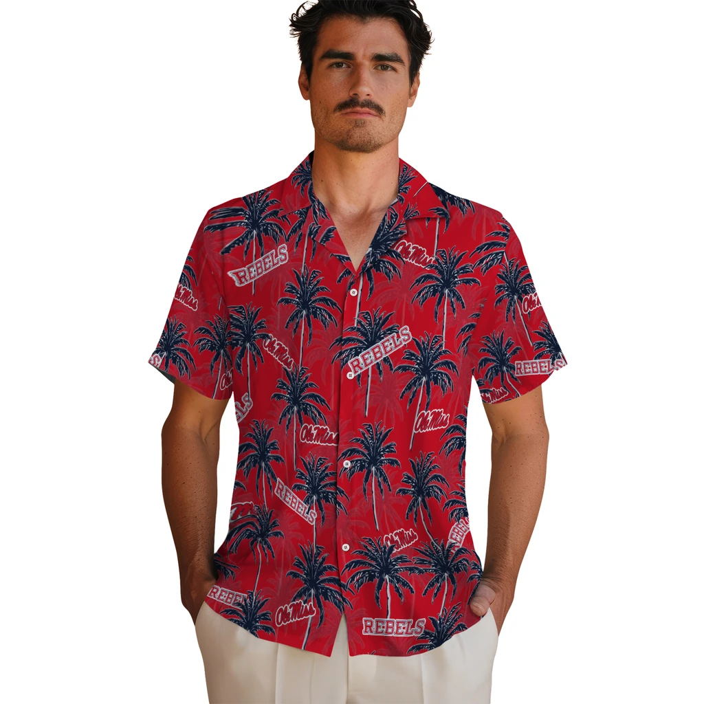 Ole Miss Rebels Hawaiian Shirt - Palm Tree Motif ole miss rebels palm grove red hawaiian shirts fashion forward