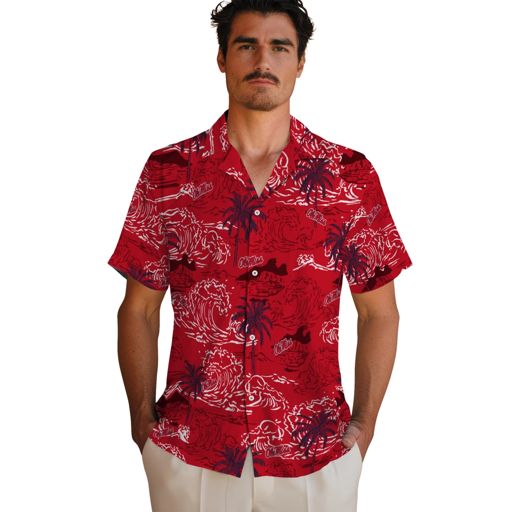 Ole Miss Rebels Hawaiian Shirt - Wave Palm ole miss rebels wave palm red hawaiian shirts fashion forward