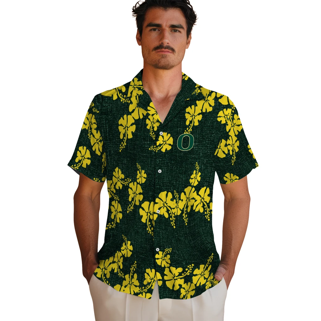 Oregon Ducks Hawaiian Shirt - 50th State Flower oregon ducks hibiscus petals green hawaiian shirts fashion forward