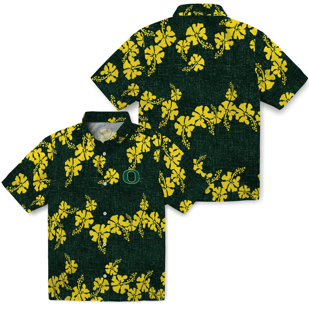 Oregon Ducks Hawaiian Shirt - 50th State Flower oregon ducks hibiscus petals green hawaiian shirts high quality