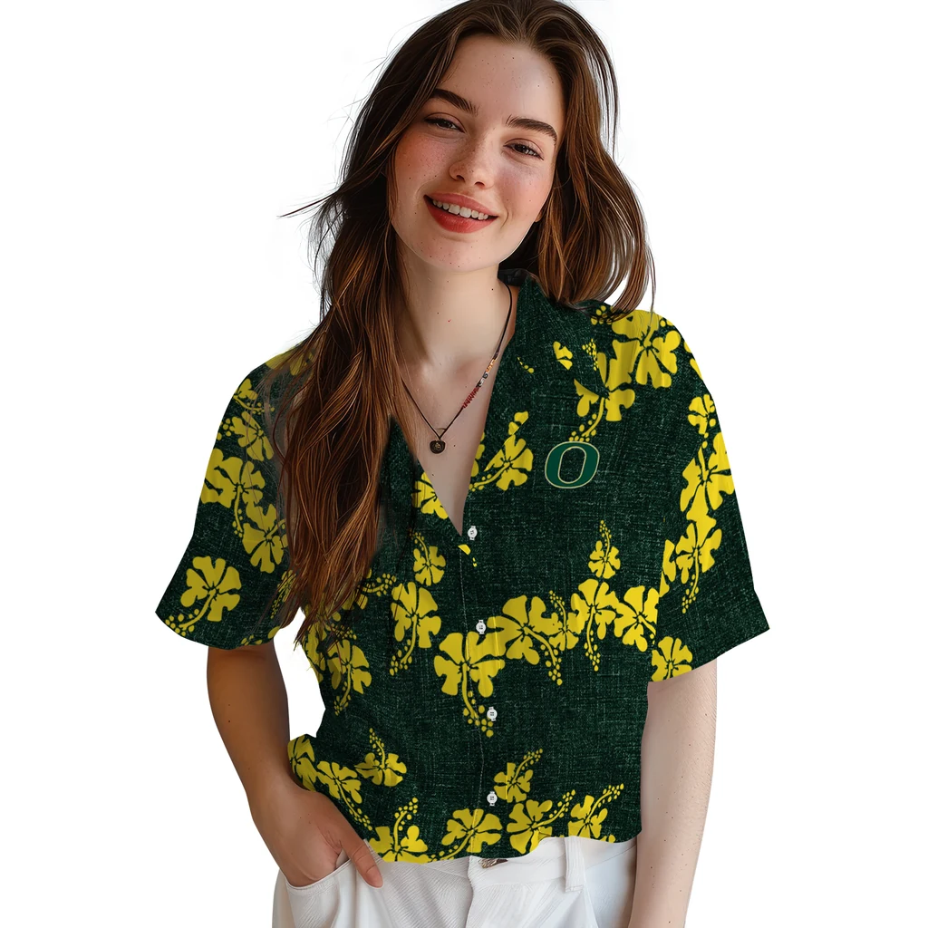 Oregon Ducks Hawaiian Shirt - 50th State Flower oregon ducks hibiscus petals green hawaiian shirts latest model