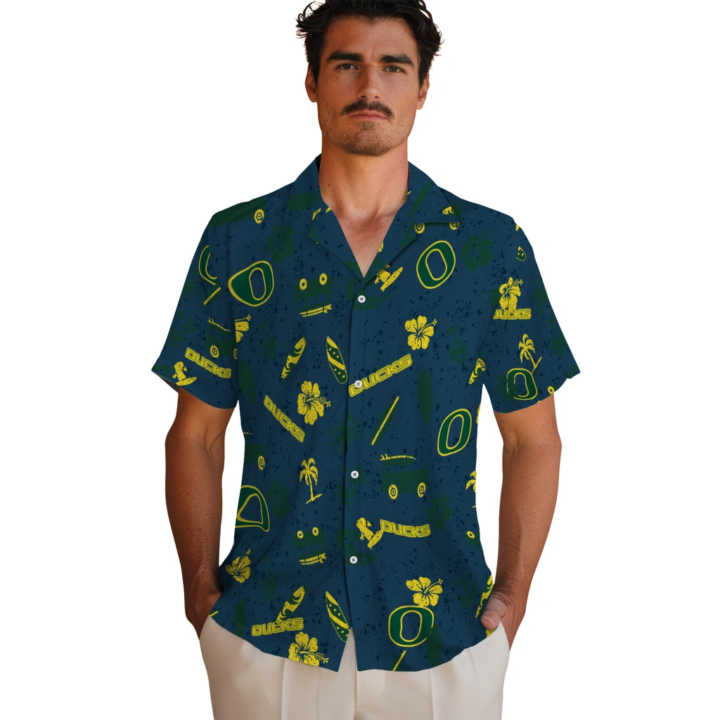 Oregon Ducks Hawaiian Shirt - Beach Vibe oregon ducks beach vibe navy hawaiian shirts fashion forward