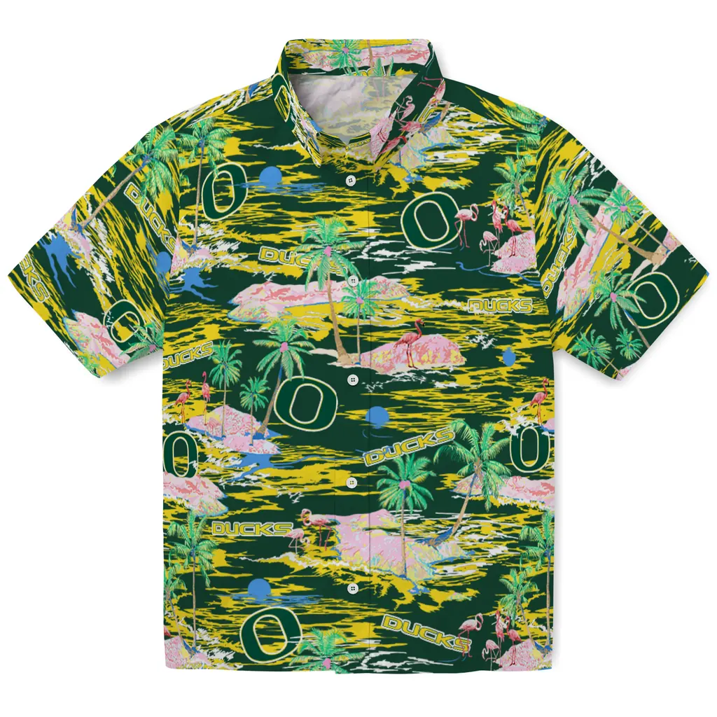 Oregon Ducks Hawaiian Shirt - Hawaii Island oregon ducks flamingo retreat green hawaiian shirts best selling