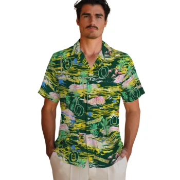 oregon ducks flamingo retreat green hawaiian shirts fashion forward