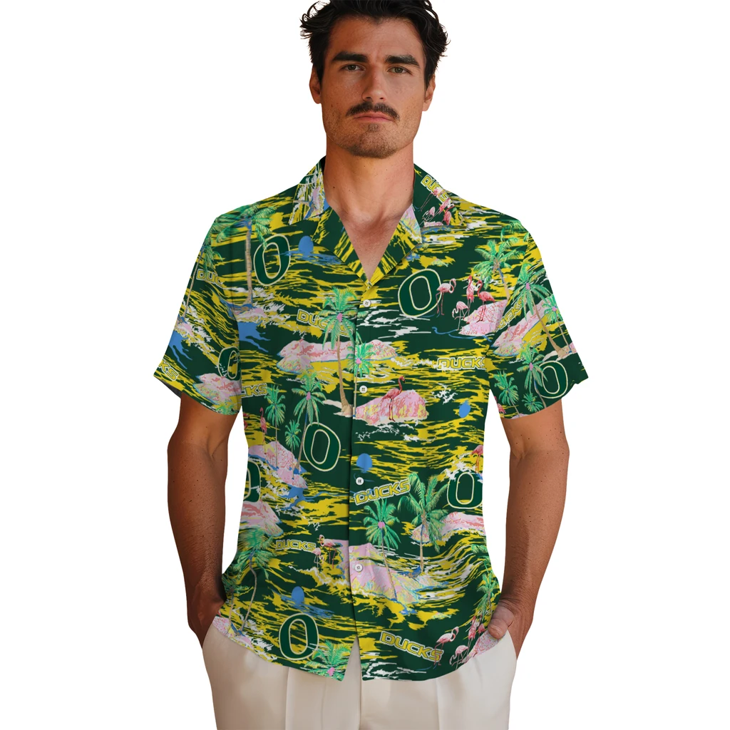 Oregon Ducks Hawaiian Shirt - Hawaii Island oregon ducks flamingo retreat green hawaiian shirts fashion forward