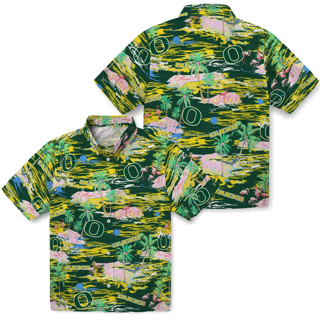 Oregon Ducks Hawaiian Shirt - Hawaii Island oregon ducks flamingo retreat green hawaiian shirts high quality