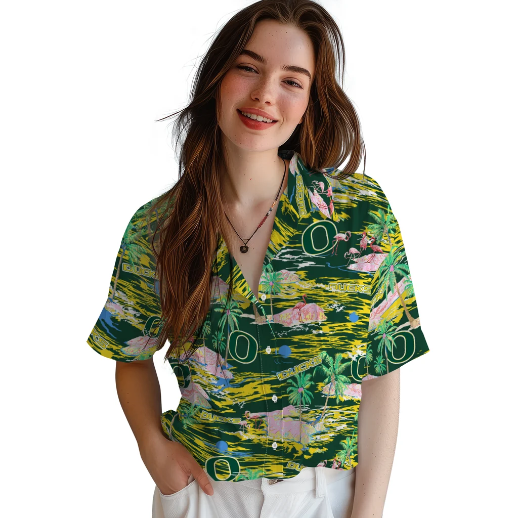 Oregon Ducks Hawaiian Shirt - Hawaii Island oregon ducks flamingo retreat green hawaiian shirts latest model