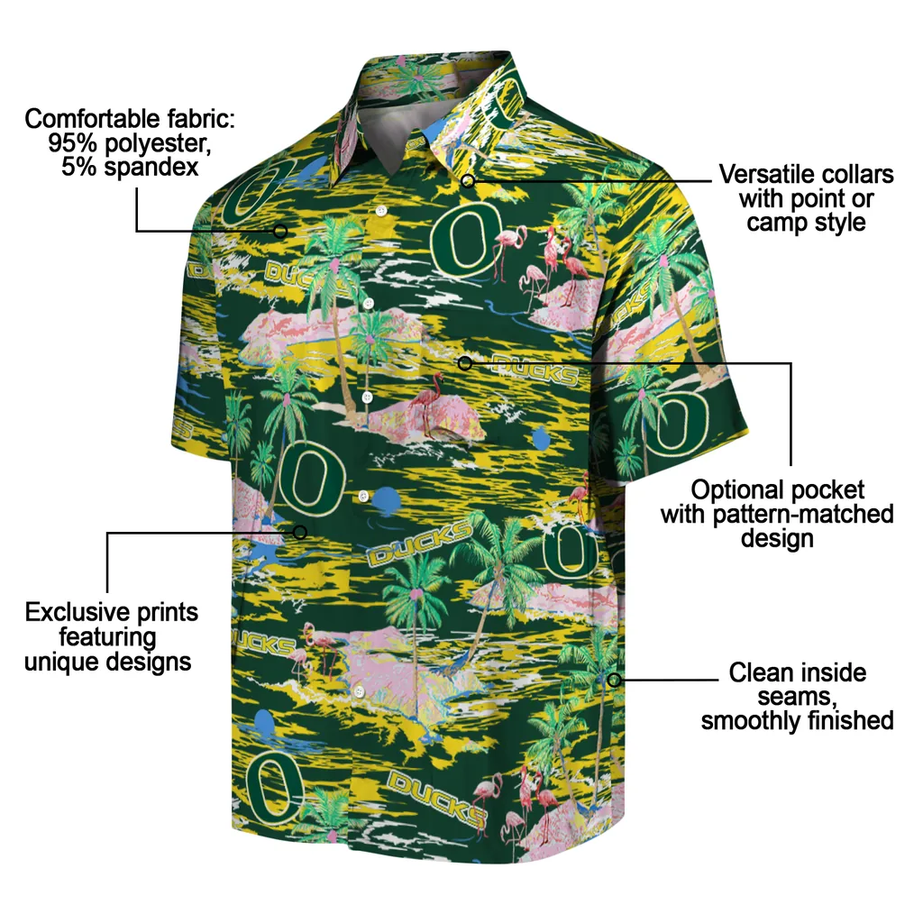 Oregon Ducks Hawaiian Shirt - Hawaii Island oregon ducks flamingo retreat green hawaiian shirts new arrival