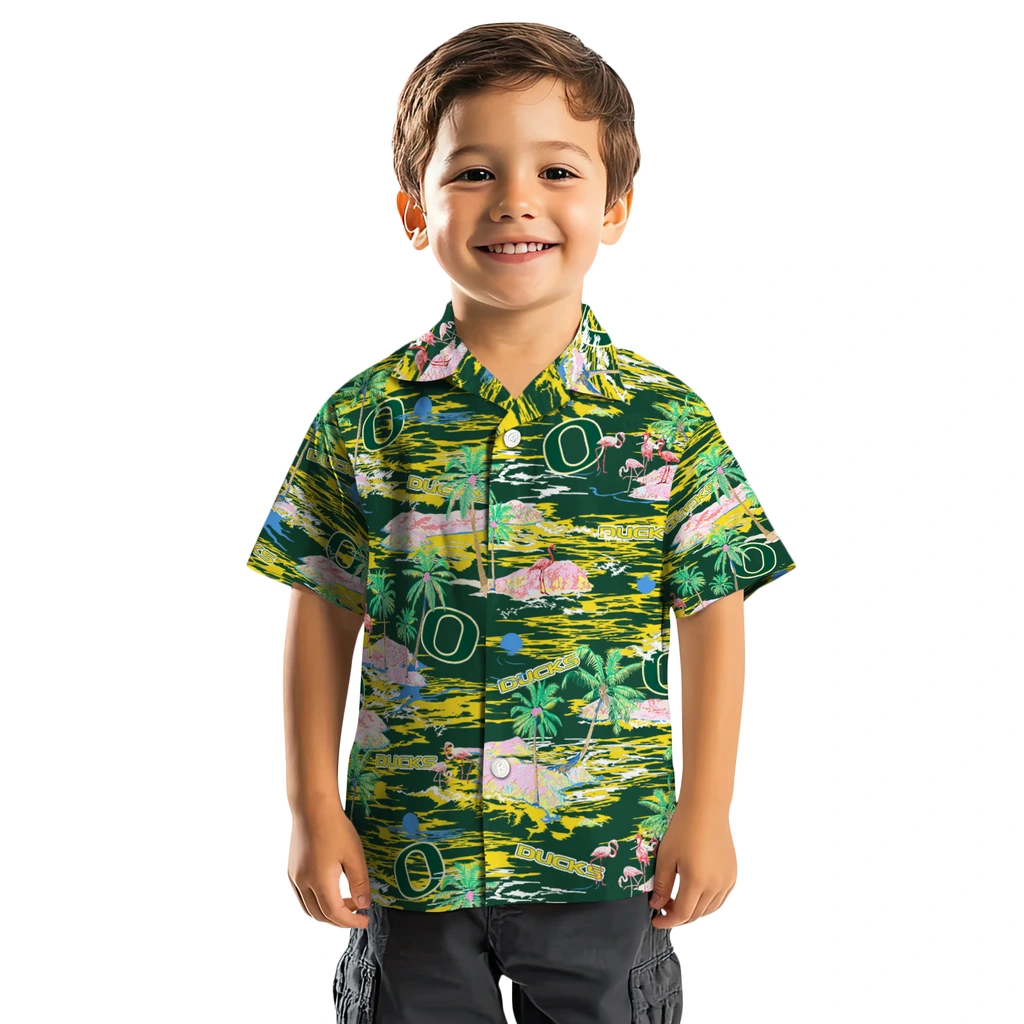 Oregon Ducks Hawaiian Shirt - Hawaii Island oregon ducks flamingo retreat green hawaiian shirts top rated