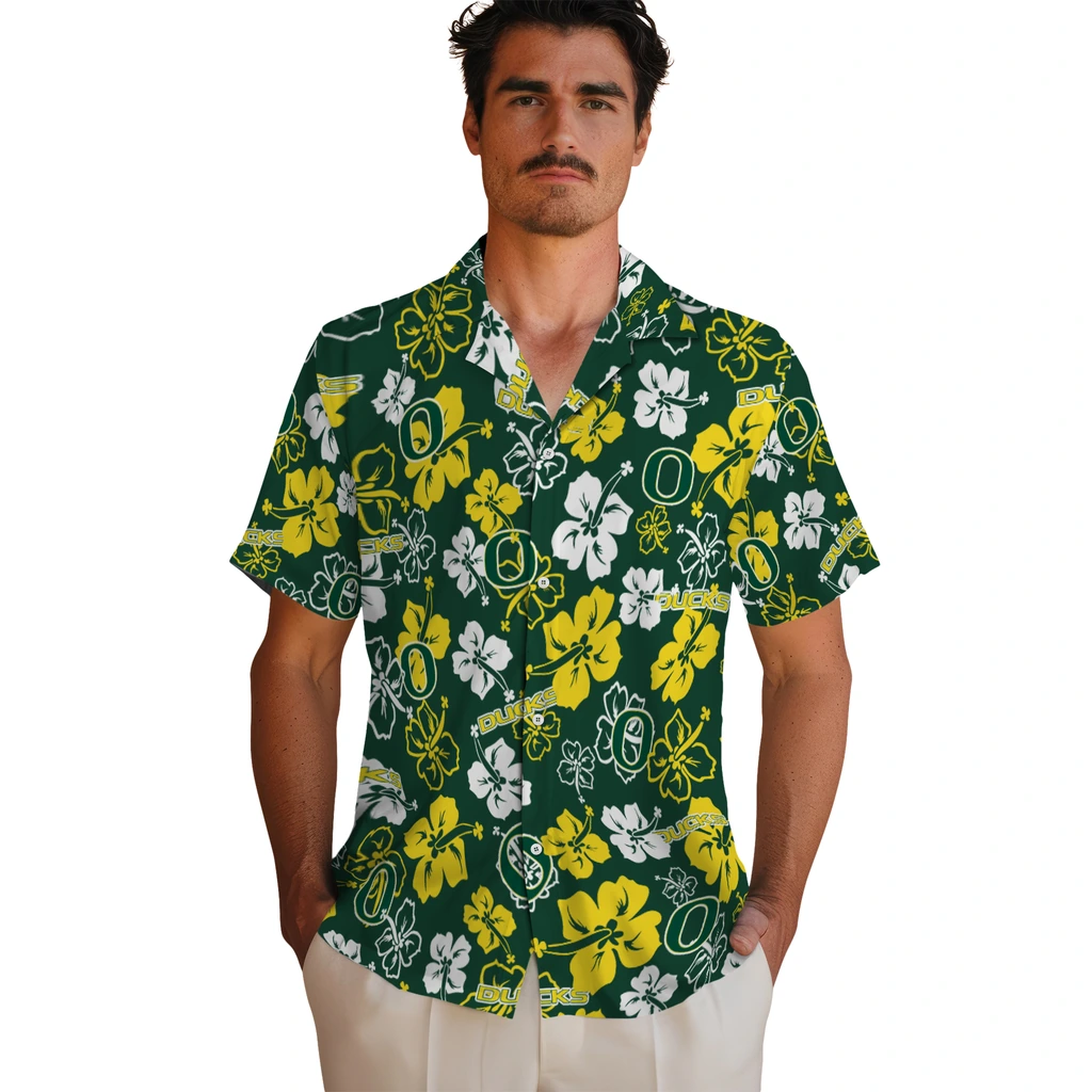 Oregon Ducks Hawaiian Shirt - Hibiscus Flower Design oregon ducks hibiscus bloom green hawaiian shirts fashion forward