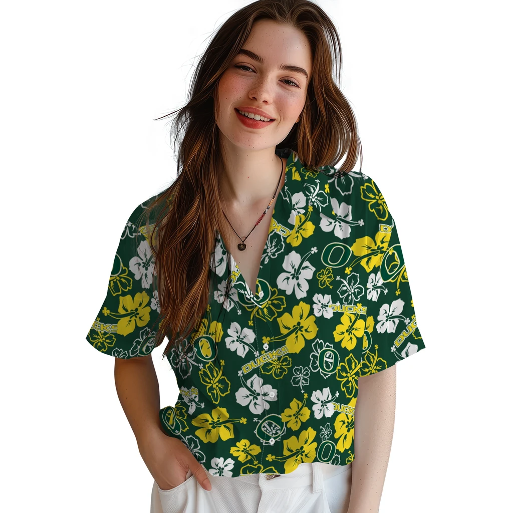 Oregon Ducks Hawaiian Shirt - Hibiscus Flower Design oregon ducks hibiscus bloom green hawaiian shirts latest model