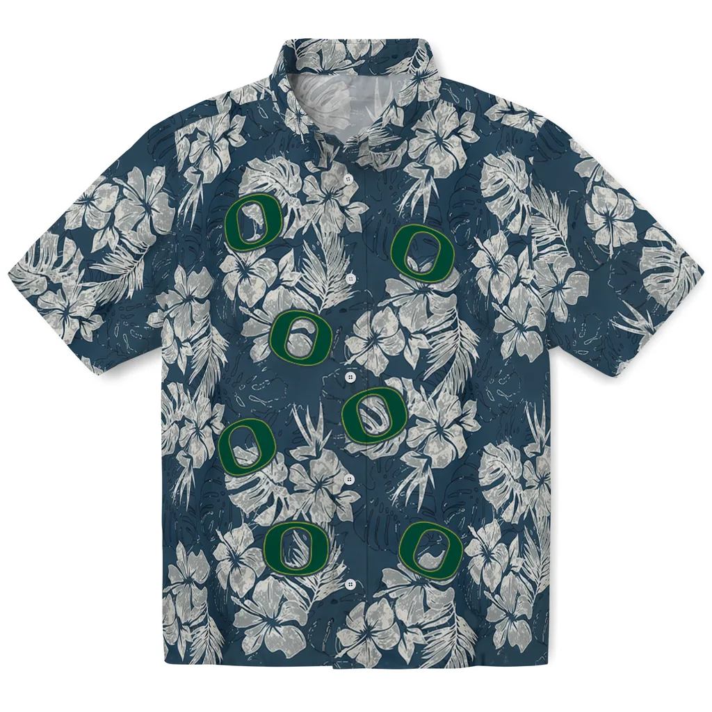 Oregon Ducks Hawaiian Shirt - Hibiscus Flowers oregon ducks hibiscus flowers navy blue hawaiian shirts best selling