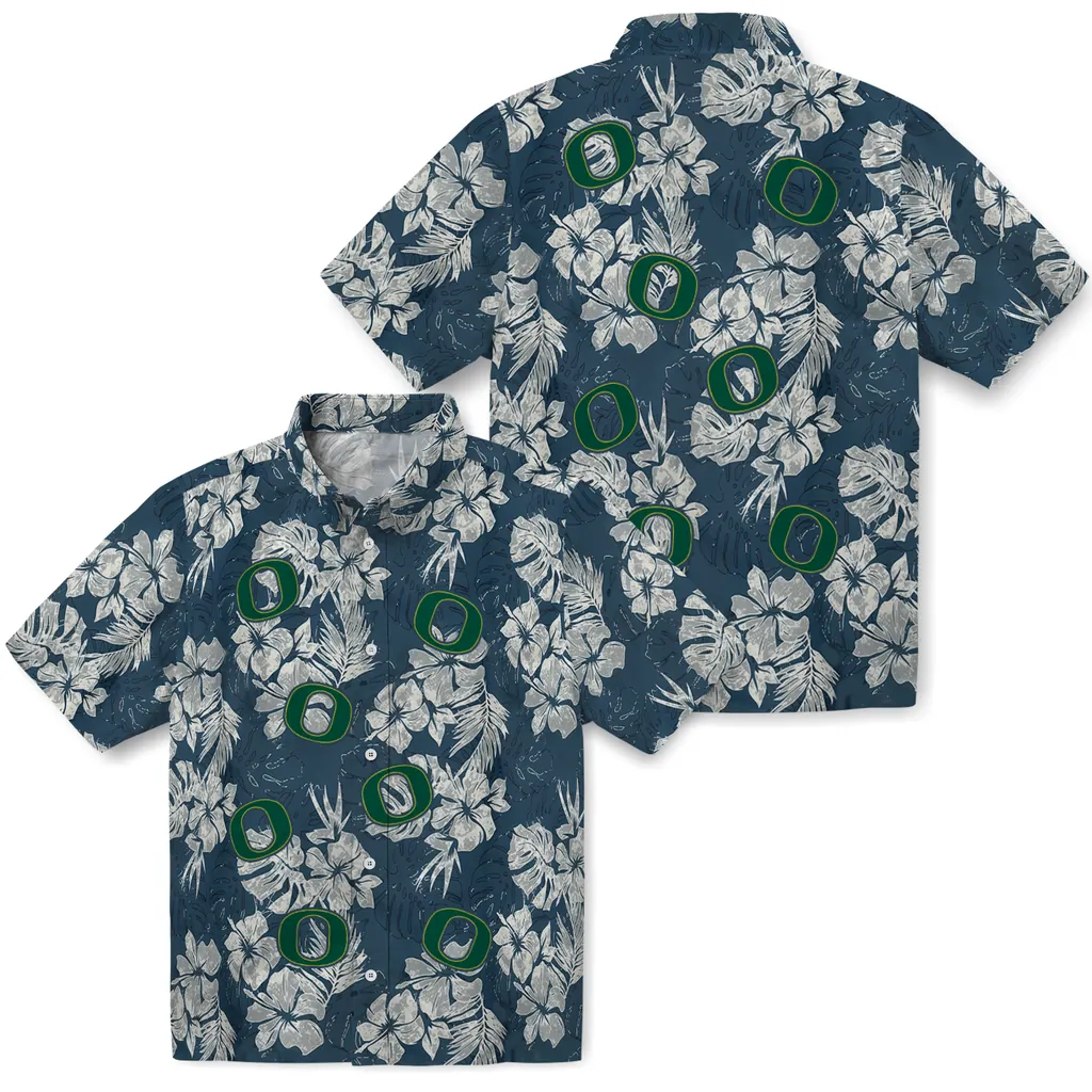 Oregon Ducks Hawaiian Shirt - Hibiscus Flowers oregon ducks hibiscus flowers navy blue hawaiian shirts high quality