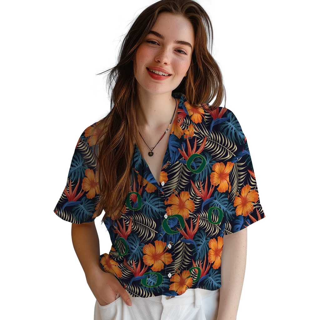 Oregon Ducks Hawaiian Shirt - Hibiscus Foliage oregon ducks hibiscus foliage hawaiian shirts latest model