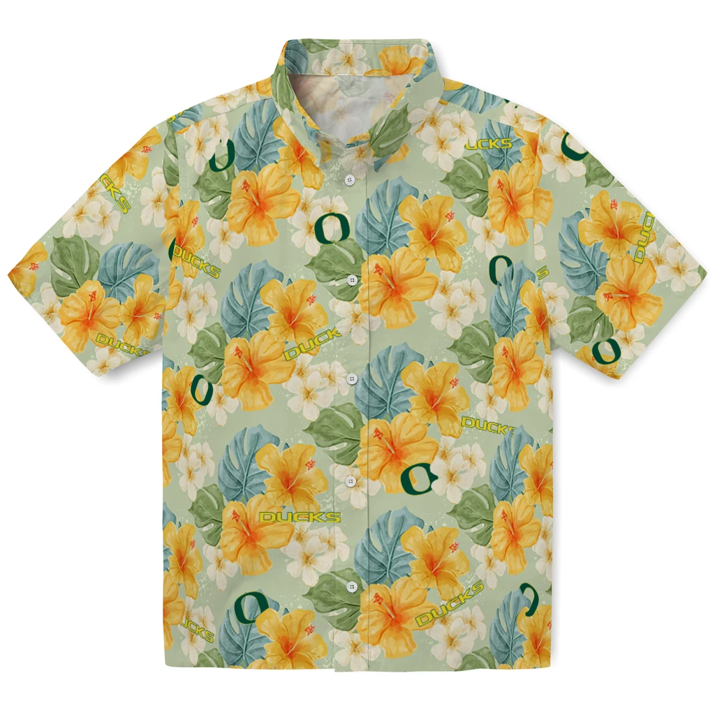 Oregon Ducks Hawaiian Shirt - Hibiscus Mood oregon ducks hibiscus mood pale lime yellow hawaiian shirts best selling