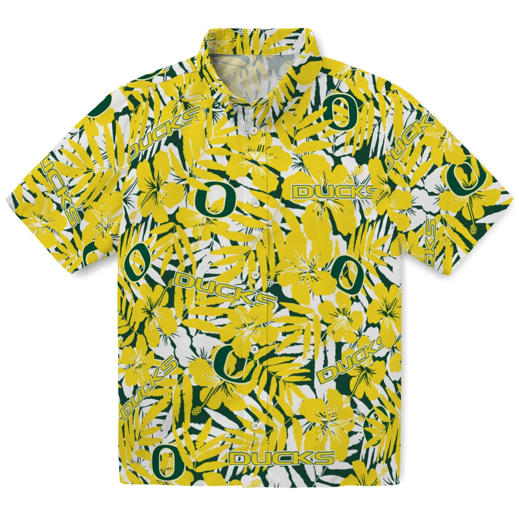 Oregon Ducks Hawaiian Shirt - Hibiscus Overlay oregon ducks hibiscus overlay hawaiian shirts best selling