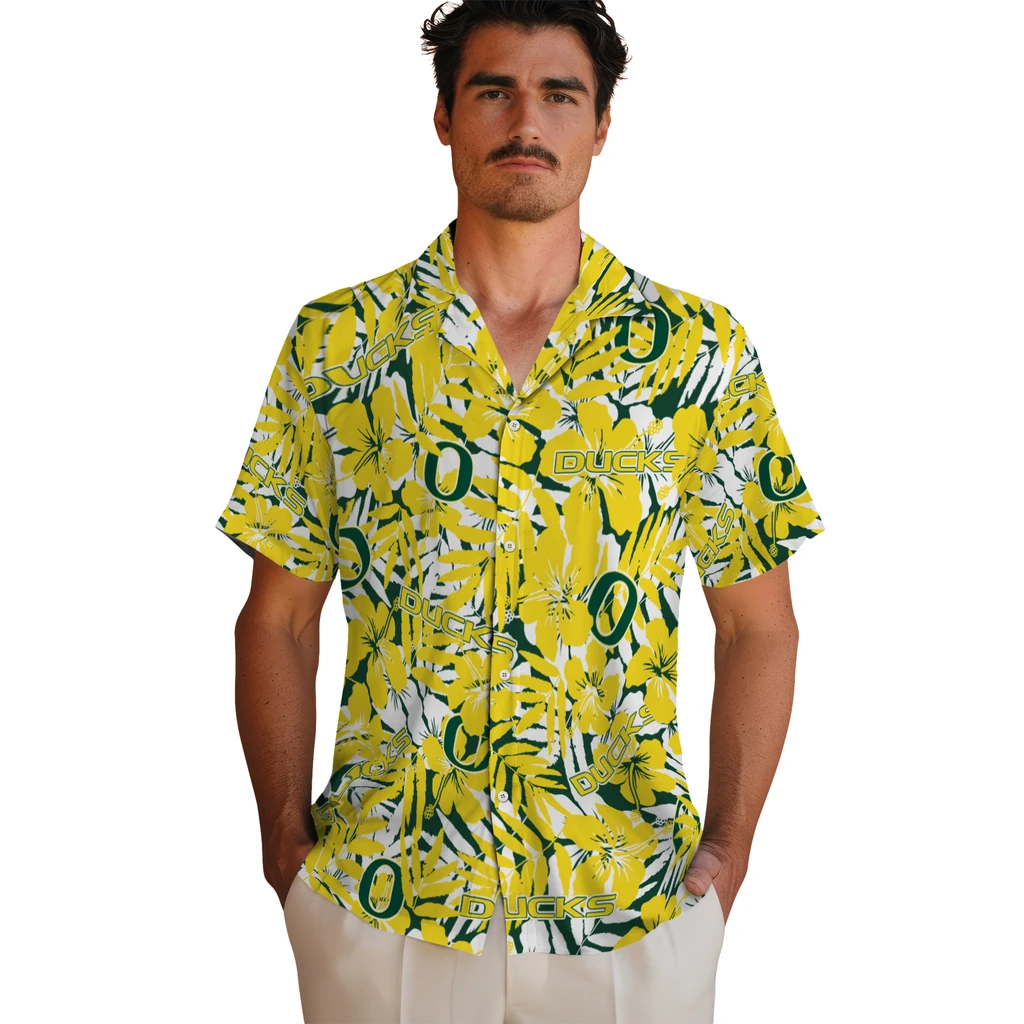 Oregon Ducks Hawaiian Shirt - Hibiscus Overlay oregon ducks hibiscus overlay hawaiian shirts fashion forward