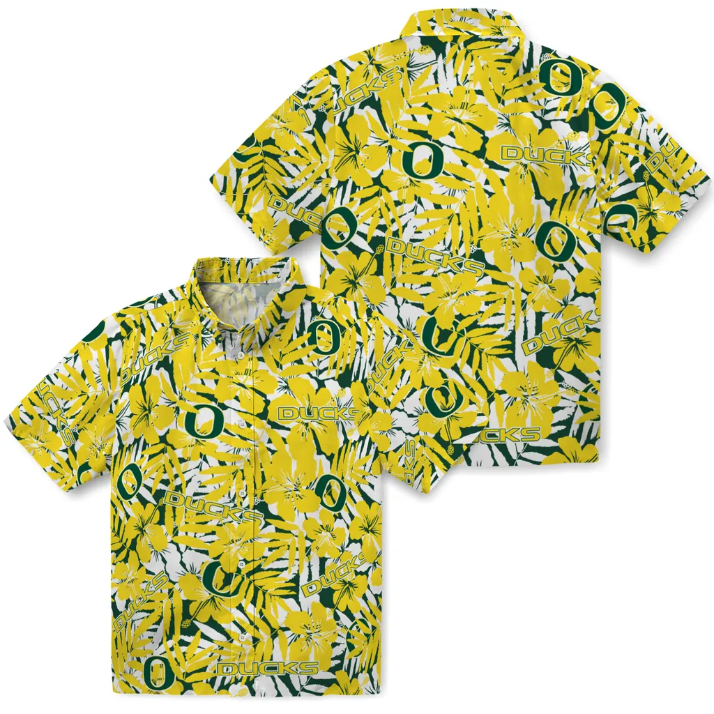 Oregon Ducks Hawaiian Shirt - Hibiscus Overlay oregon ducks hibiscus overlay hawaiian shirts high quality