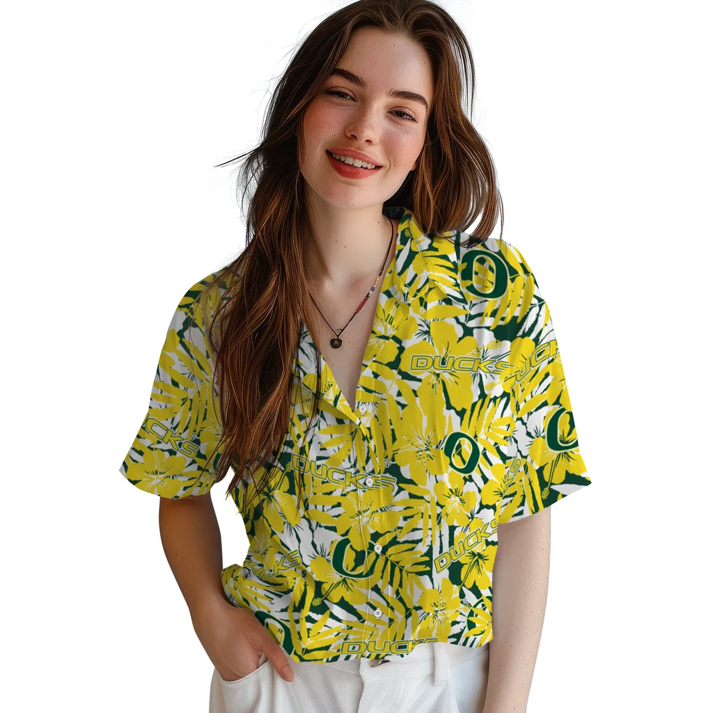 Oregon Ducks Hawaiian Shirt - Hibiscus Overlay oregon ducks hibiscus overlay hawaiian shirts latest model