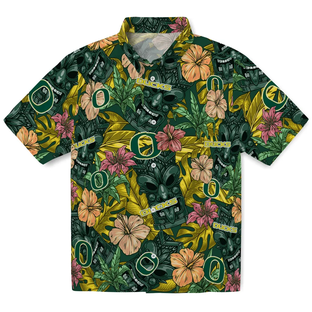 Oregon Ducks Hawaiian Shirt - Hibiscus Tiki Jungle oregon ducks tiki jungle green hawaiian shirts best selling