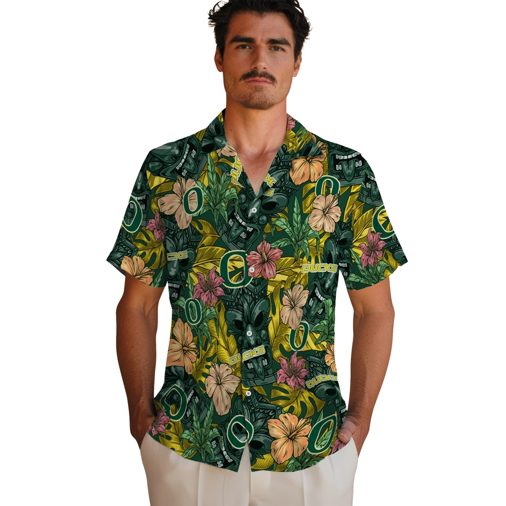 Oregon Ducks Hawaiian Shirt - Hibiscus Tiki Jungle oregon ducks tiki jungle green hawaiian shirts fashion forward