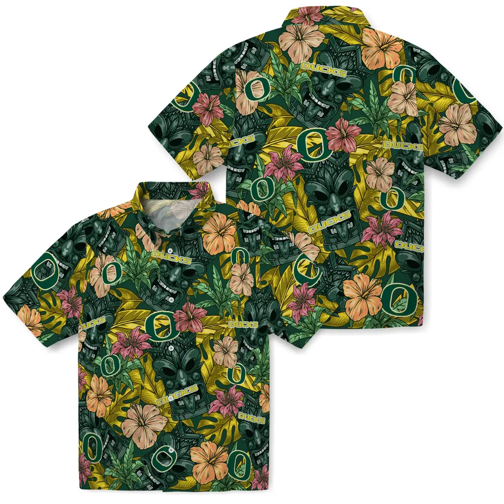 Oregon Ducks Hawaiian Shirt - Hibiscus Tiki Jungle oregon ducks tiki jungle green hawaiian shirts high quality