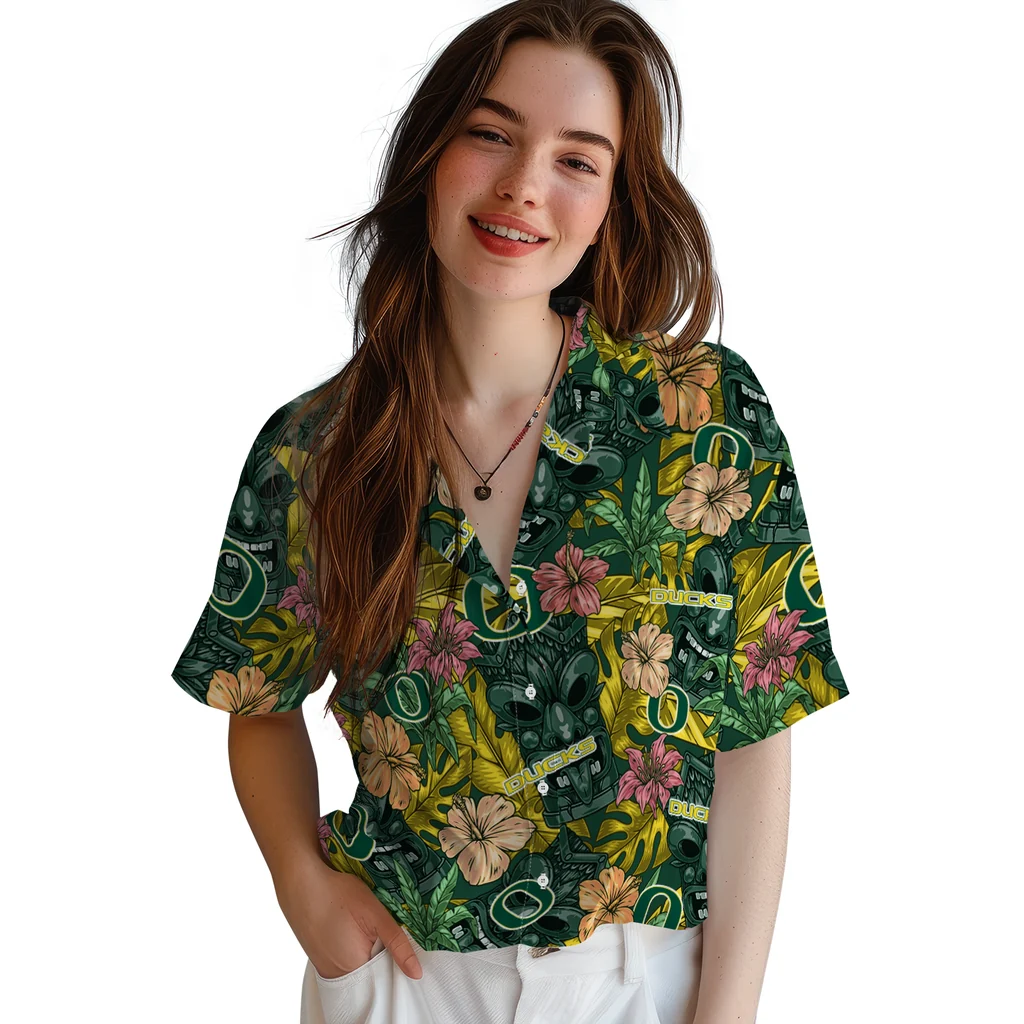 Oregon Ducks Hawaiian Shirt - Hibiscus Tiki Jungle oregon ducks tiki jungle green hawaiian shirts latest model