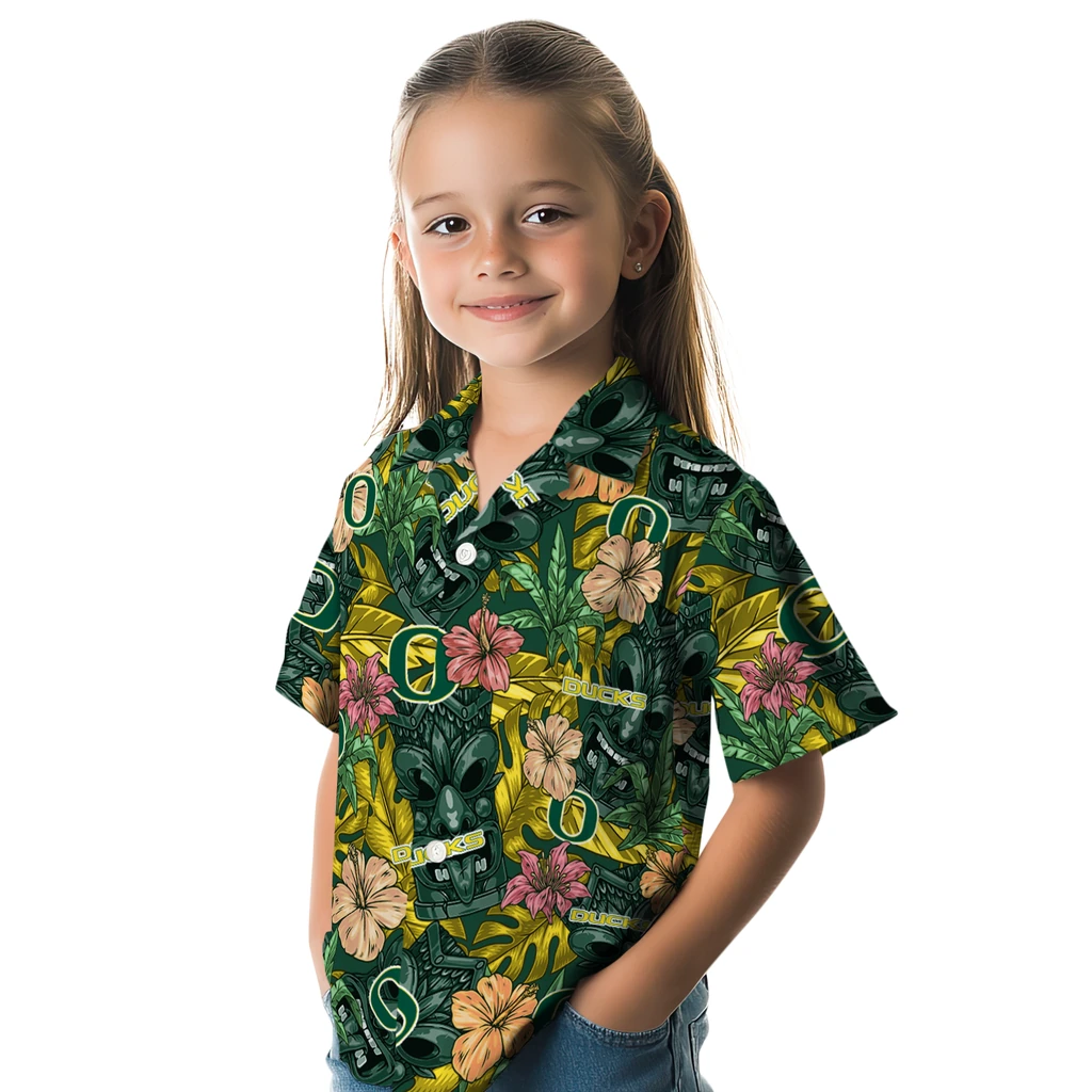 Oregon Ducks Hawaiian Shirt - Hibiscus Tiki Jungle oregon ducks tiki jungle green hawaiian shirts premium grade
