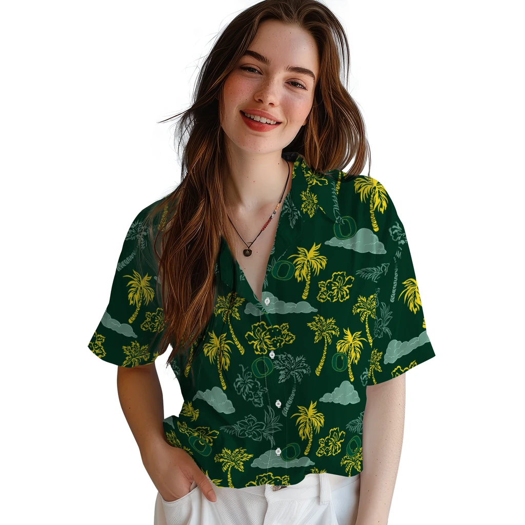 Oregon Ducks Hawaiian Shirt - Palm And Clouds oregon ducks palm and clouds green hawaiian shirts latest model