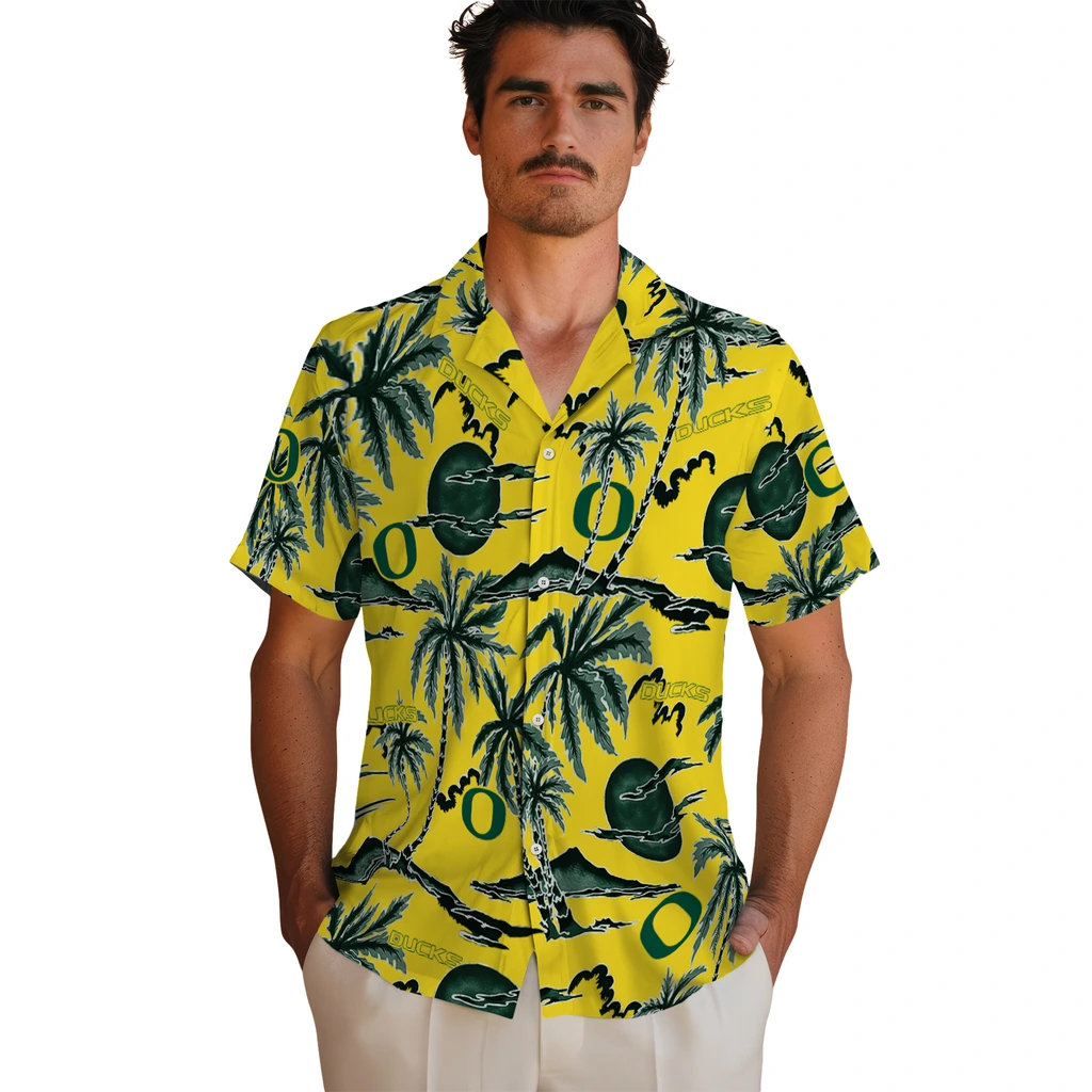 Oregon Ducks Hawaiian Shirt - Palm Sunset oregon ducks palm sunset hawaiian shirts fashion forward