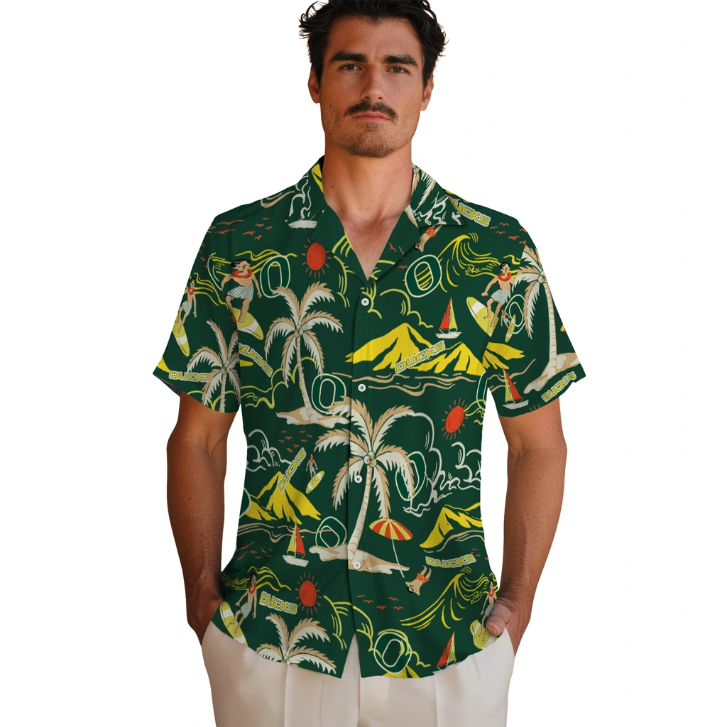 Oregon Ducks Hawaiian Shirt - Palm Tree Island oregon ducks palm tree island green hawaiian shirts fashion forward