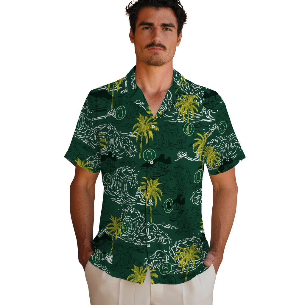 Oregon Ducks Hawaiian Shirt - Wave Palm oregon ducks wave palm green hawaiian shirts fashion forward