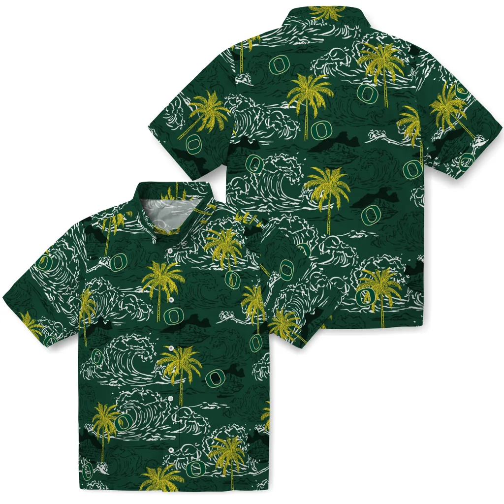 Oregon Ducks Hawaiian Shirt - Wave Palm oregon ducks wave palm green hawaiian shirts high quality