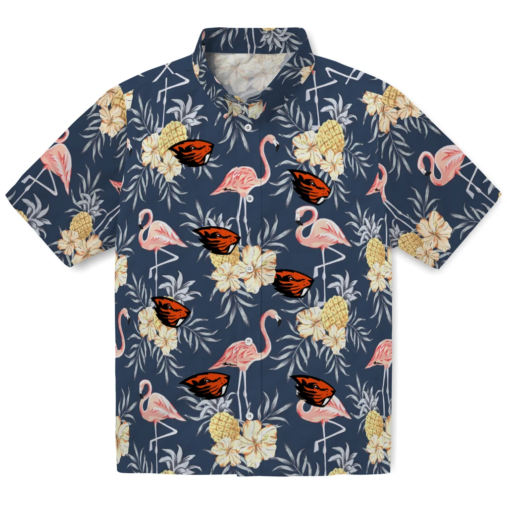 Oregon State Beavers Hawaiian Shirt - Flamingo Hibiscus oregon state beavers flamingo hibiscus navy hawaiian shirts best selling