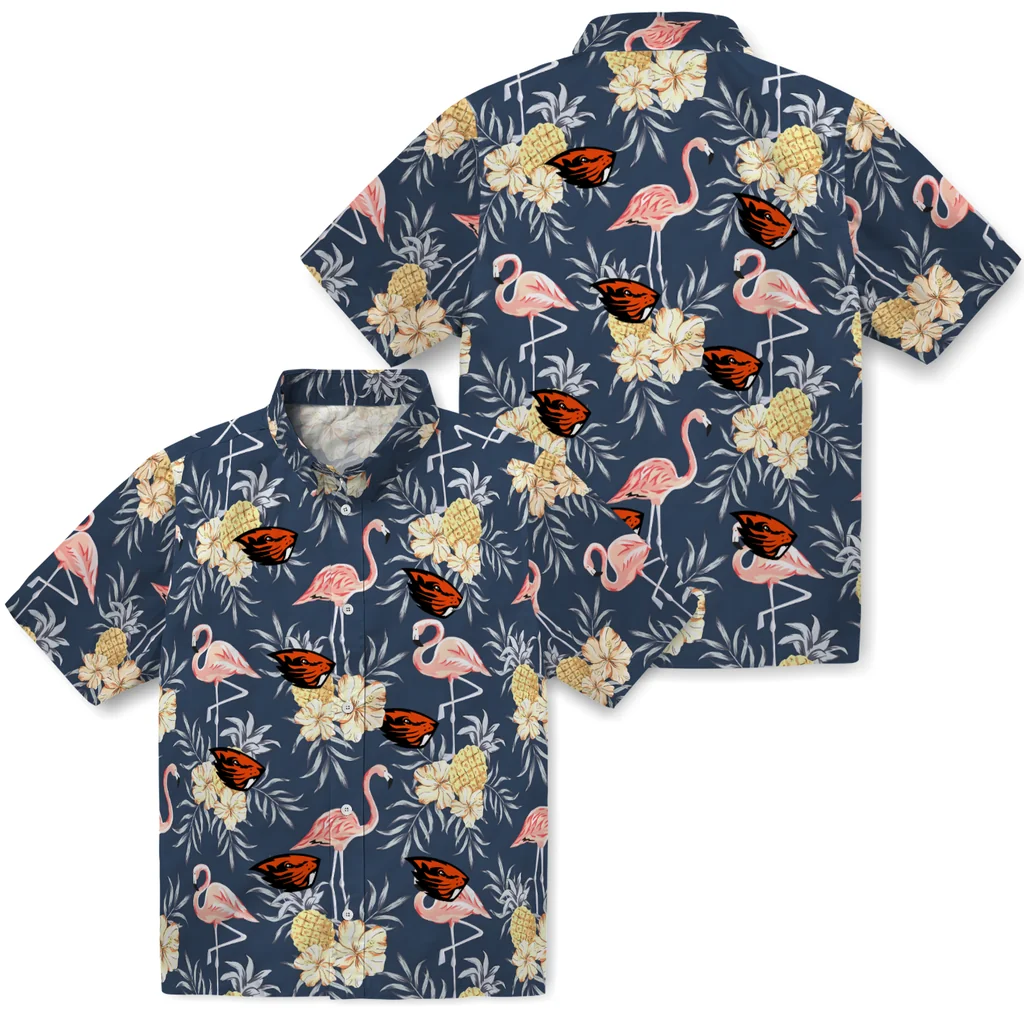 Oregon State Beavers Hawaiian Shirt - Flamingo Hibiscus oregon state beavers flamingo hibiscus navy hawaiian shirts high quality