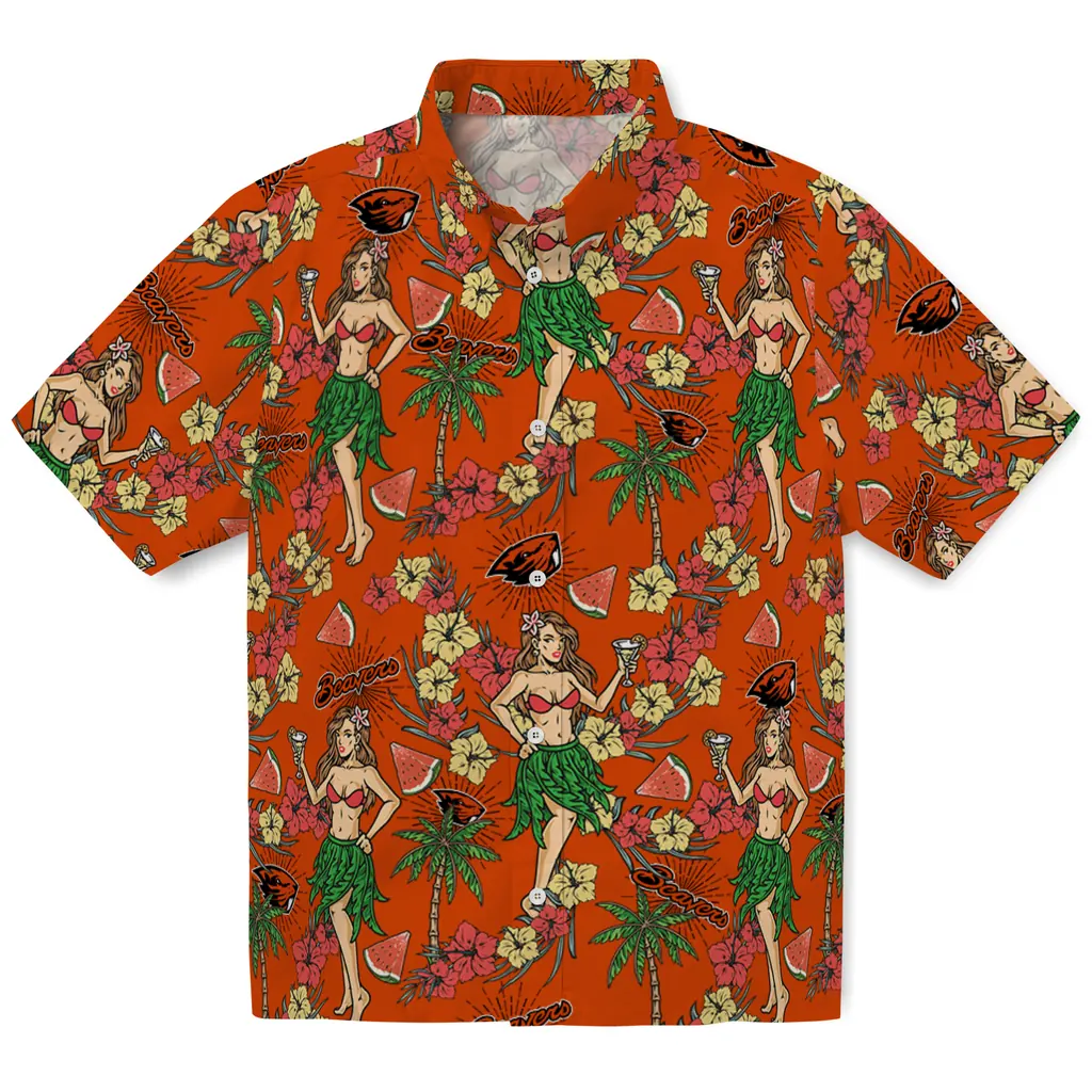 Oregon State Beavers Hawaiian Shirt - Hawaiian Girls Design oregon state beavers hawaiian girls design orange hawaiian shirts best selling