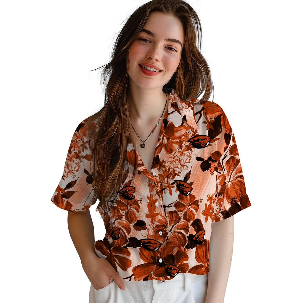 Oregon State Beavers Hawaiian Shirt - Hibiscus Arrangement oregon state beavers hibiscus arrangement orange hawaiian shirts latest model