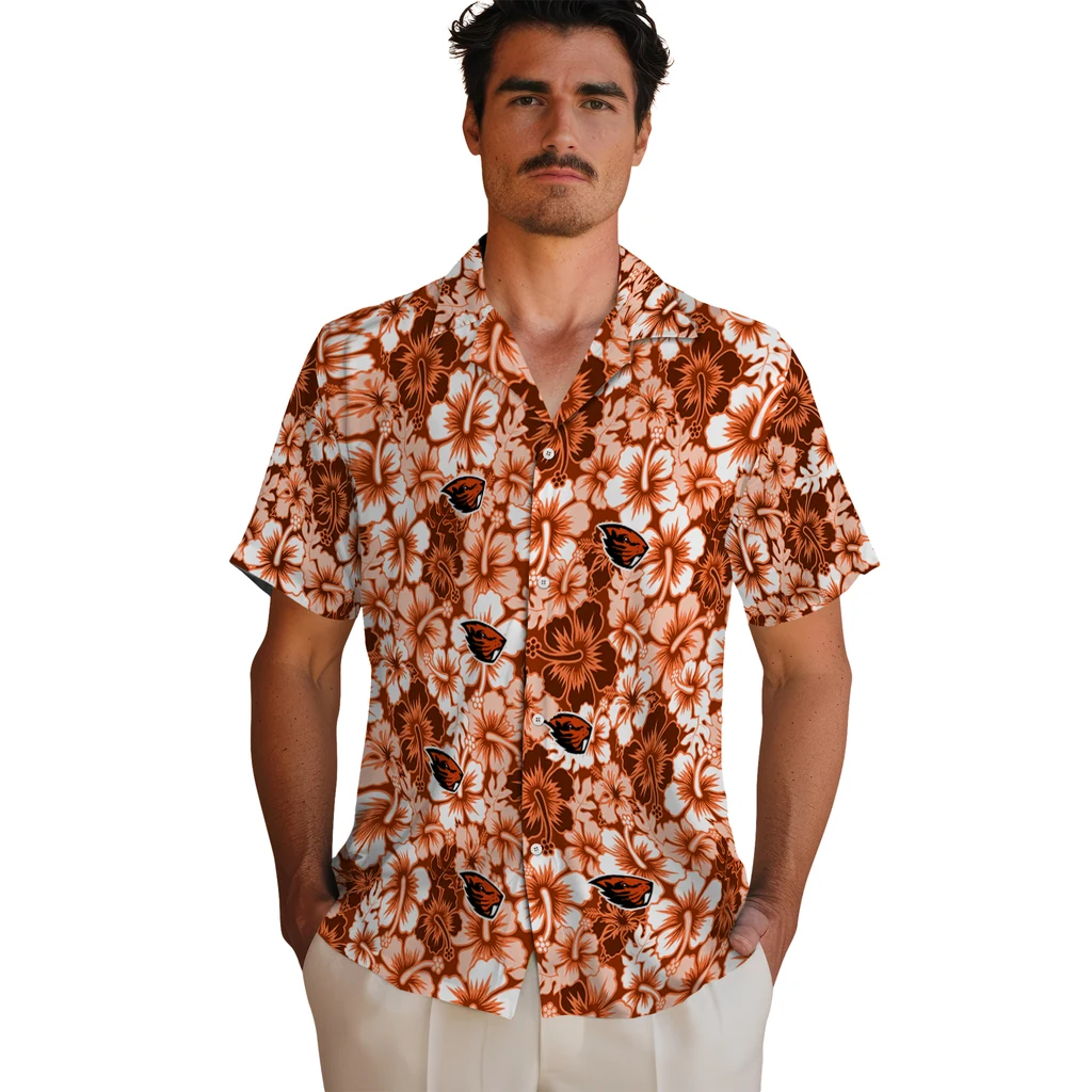 Oregon State Beavers Hawaiian Shirt - Hibiscus Blooms oregon state beavers hibiscus blooms orange hawaiian shirts fashion forward