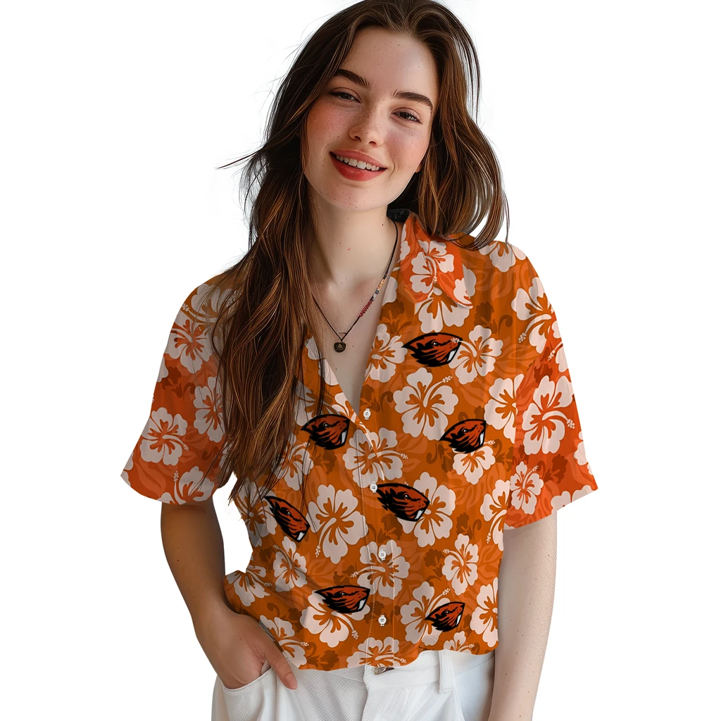 Oregon State Beavers Hawaiian Shirt - Hibiscus Cluster oregon state beavers hibiscus cluster orange hawaiian shirts latest model