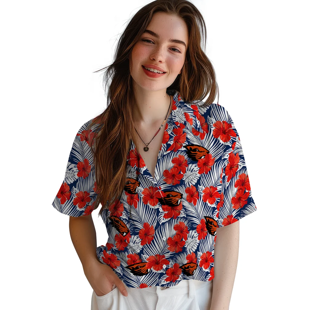 Oregon State Beavers Hawaiian Shirt - Hibiscus Fiesta oregon state beavers hibiscus fiesta red royal blue hawaiian shirts latest model