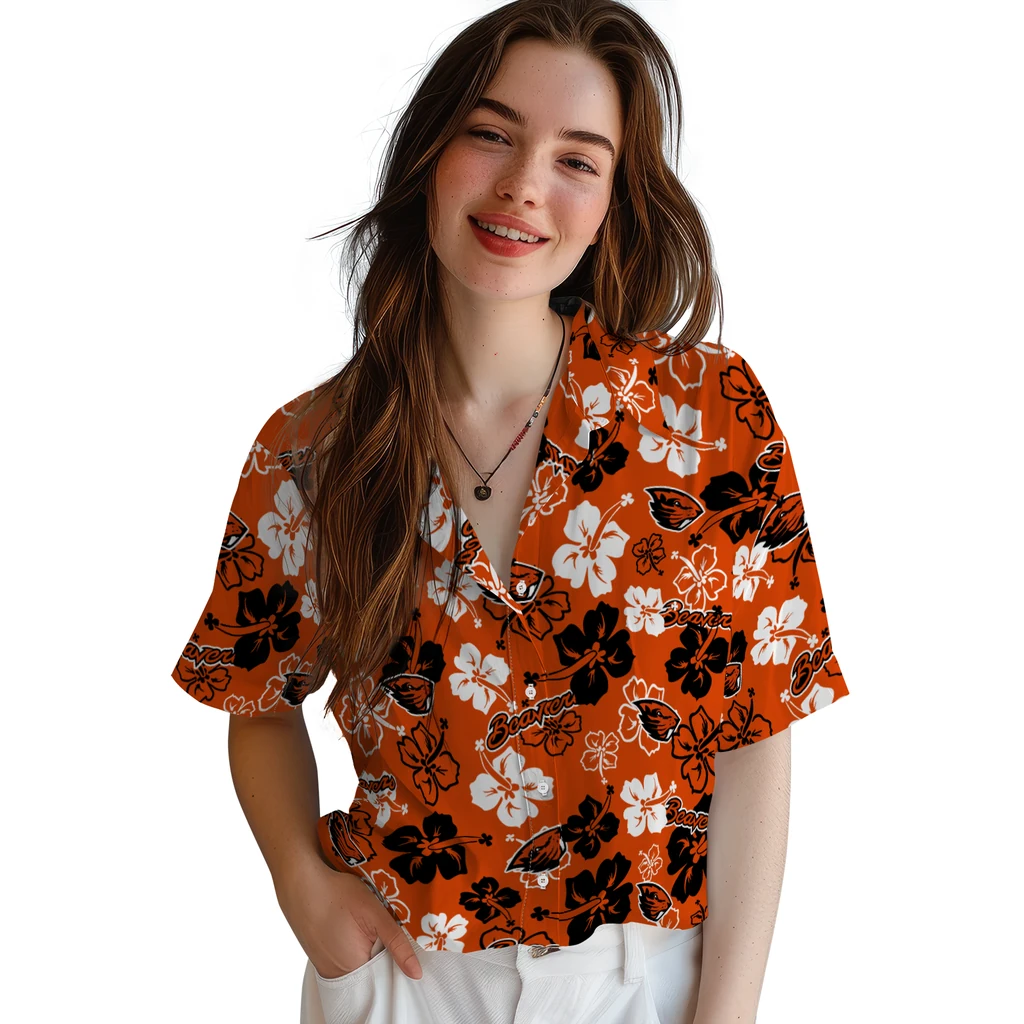 Oregon State Beavers Hawaiian Shirt - Hibiscus Flower Design oregon state beavers hibiscus bloom orange hawaiian shirts latest model