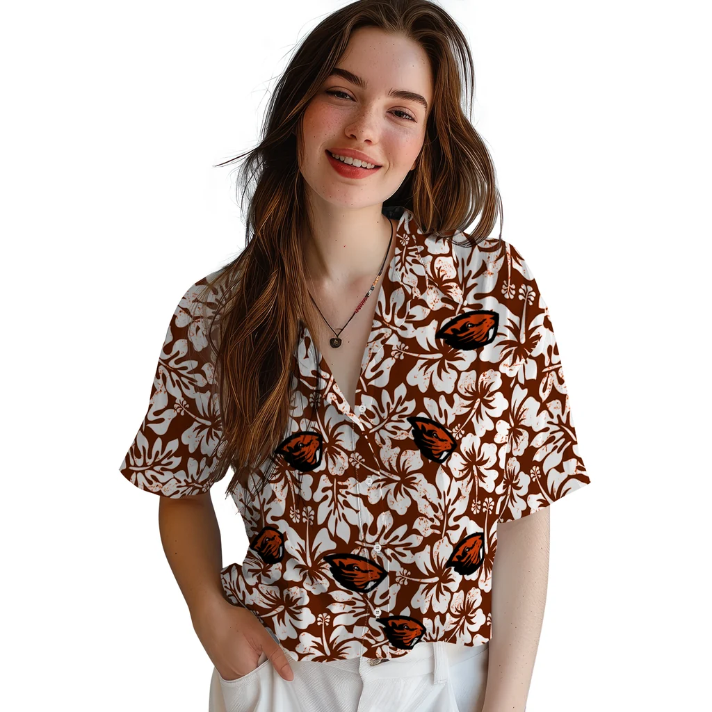 Oregon State Beavers Hawaiian Shirt - Hibiscus Motif oregon state beavers hibiscus motif orange white hawaiian shirts latest model