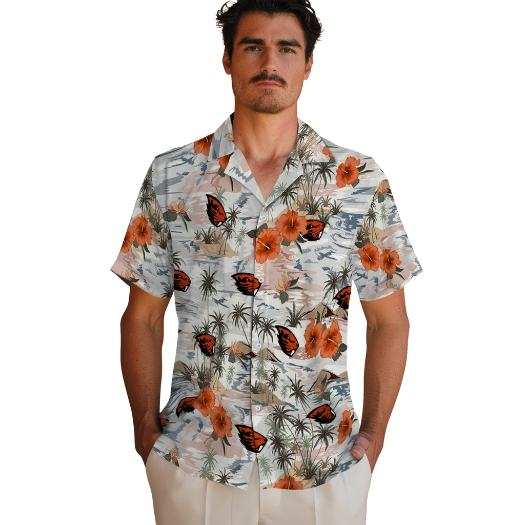 Oregon State Beavers Hawaiian Shirt - Hibiscus Seaside oregon state beavers hibiscus seaside white hawaiian shirts fashion forward