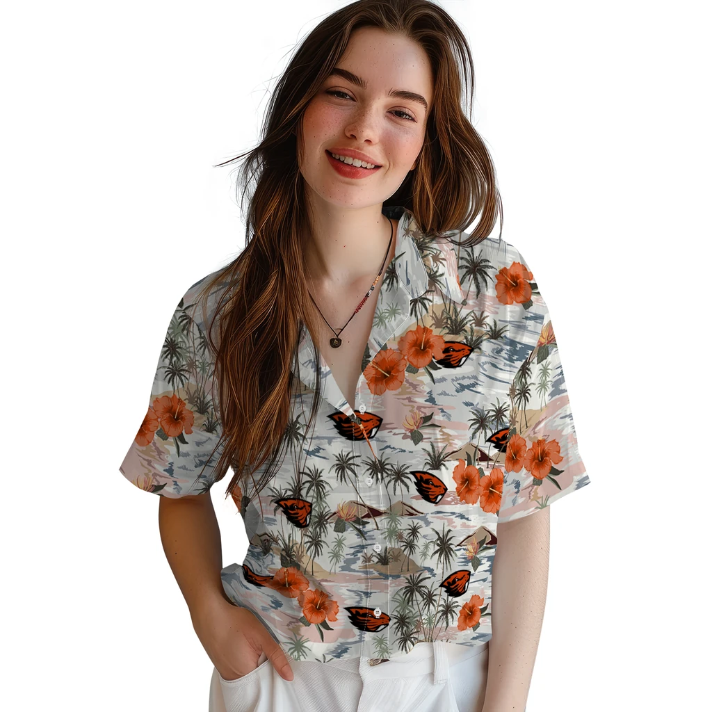 Oregon State Beavers Hawaiian Shirt - Hibiscus Seaside oregon state beavers hibiscus seaside white hawaiian shirts latest model