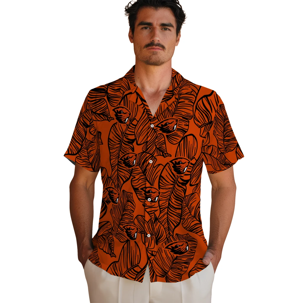 Oregon State Beavers Hawaiian Shirt - Leaf Outline oregon state beavers leaf outline orange hawaiian shirts fashion forward